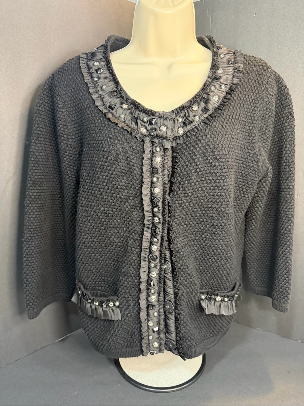 Ruby Rd. Black Embellished Knit Cardigan with Ruffle Trim